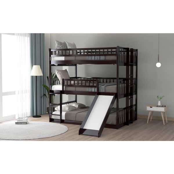 bunki ANBAZAR Espresso Full Size Triple Bunk Bed with Slide and