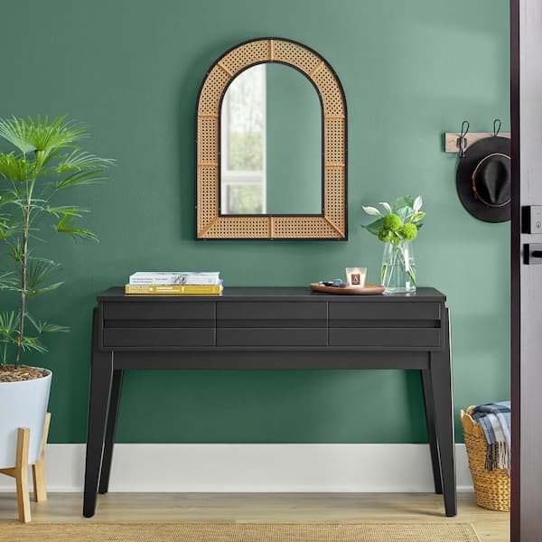 24 in. W x 32 in H Medium Arched Natural and Black Rattan Cane Mirror