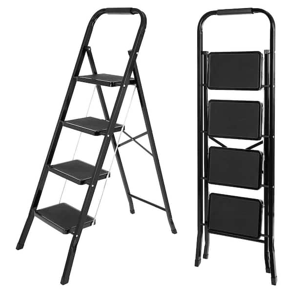 4 ft. Reach 4- Step Metal Ladder Folding Non-slip Ladder Loading 550 lbs for Home, Kitchen and Office,Step Stoo in Black