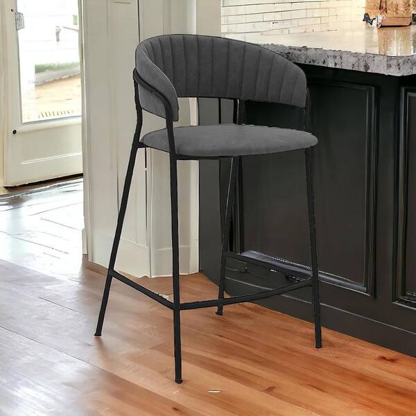 HomeRoots 26 in. Gray Low Back Metal Counter Height Bar Chair with Faux Leather Seat