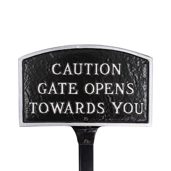 Montague Metal Products 5.5 in. x 9 in. Small Arch Caution Gate Opens Towards You Statement Plaque Sign with Lawn Stake - Black/Silver
