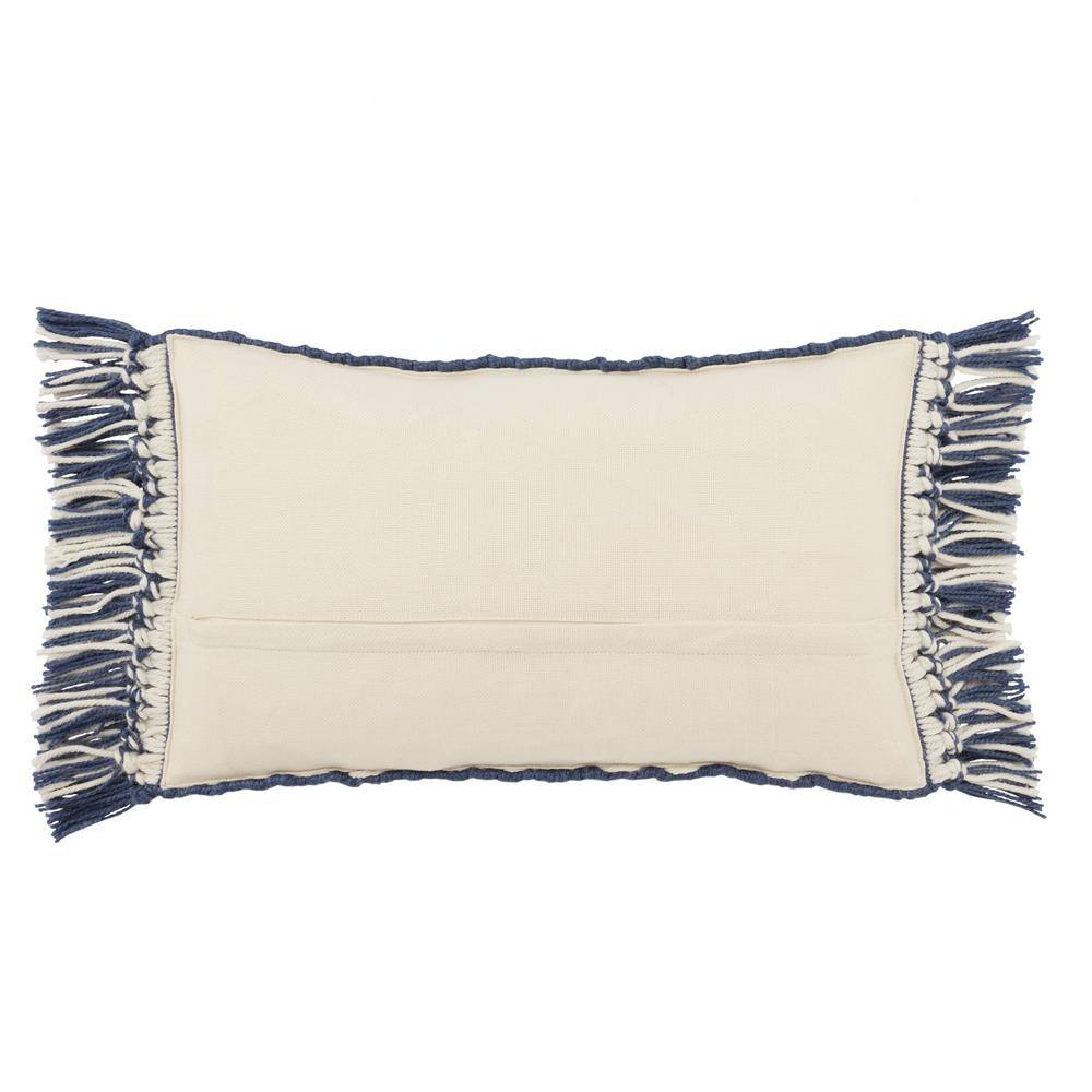 Dark Blue and Ivory Rectangular Polyester Tassel Throw Pillow