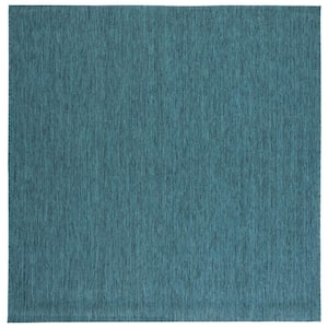 Beach House Turquoise 7 ft. x 7 ft. Solid Striped Indoor/Outdoor Patio  Square Area Rug