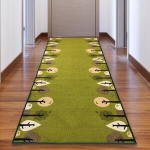 Tree Bordered Green Color 31 in. Width x Your Choice Length Custom Size Roll Runner Rug/Stair Runner