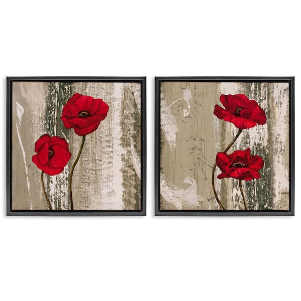 Stupell Industries Bright Red Blooms on Rustic by Brian Foster 2-Pieces Black Floater Frame Nature Graphic Art Print 18 in. x 18 in.