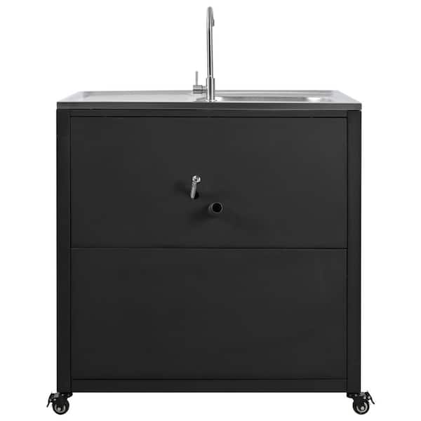 Unbranded 35 in. x 24 in. x 48.4 in. Outdoor Kitchen Sink Cabinet with Storage Cabinet, and Sink, Movable for Garden, Yard, Black