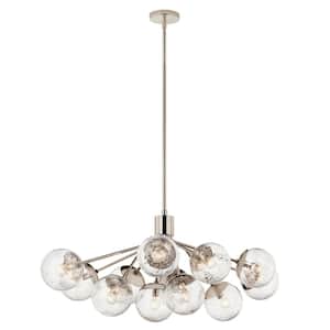 Silvarious 48 in. 12-Light Polished Nickel Modern Crackle Glass Shaded Linear Convertible Chandelier for Dining Room