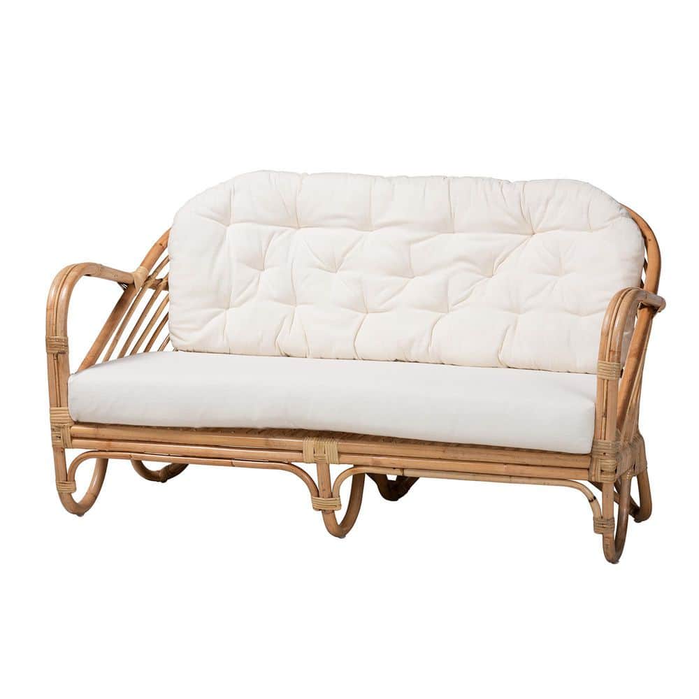 Natural Rattan Loveseat with Tufted Off-White Cushions