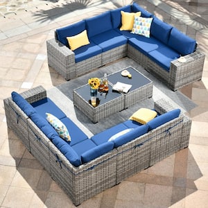 Crater Gray 12-Piece Wicker Outdoor Wide-Plus Arm Patio Conversation Sofa Seating Set with Navy Blue Cushions