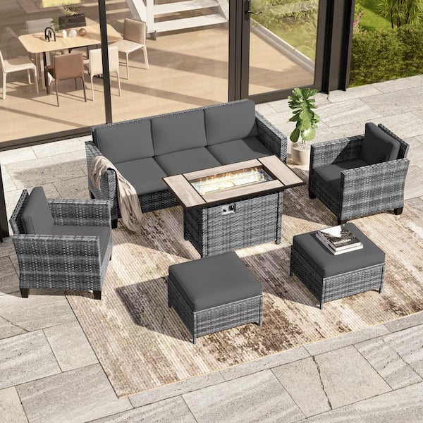 6-Pieces Patio Conversation Set with Rectangle Fire Pit Table, Gray Wicker Wide Armrests Sofa with Gray Cushion