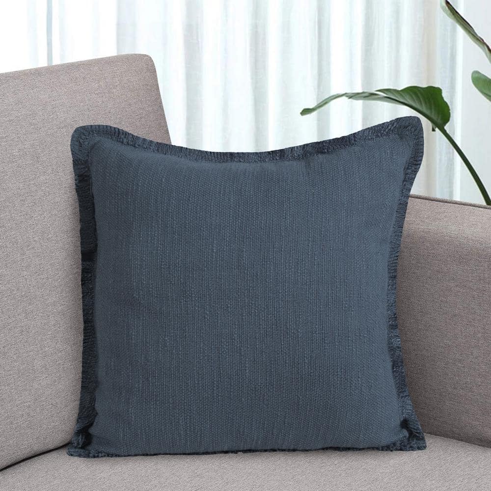 Coastal Navy Blue Textured Cotton 20" Throw Pillow with Fringe