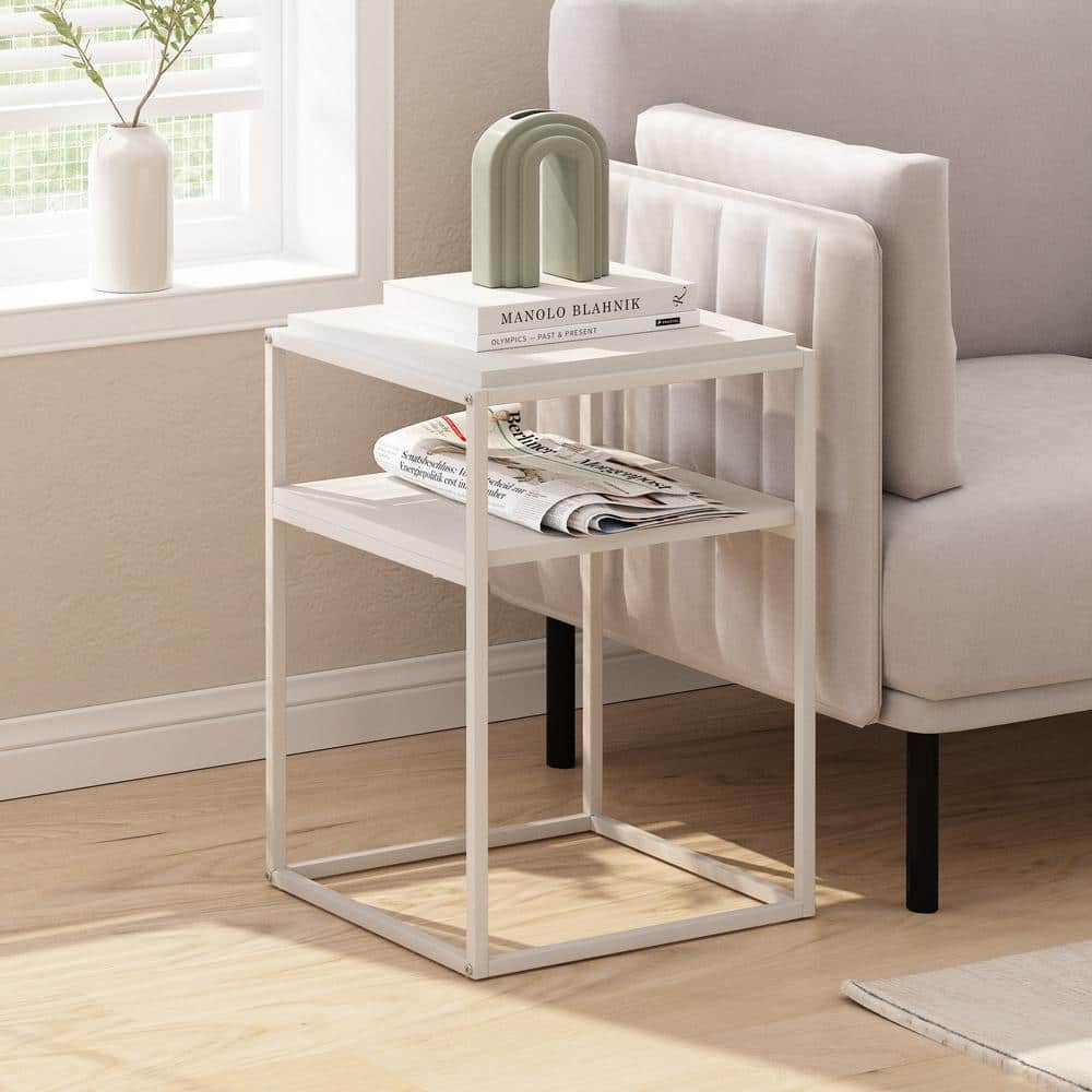 Solid White 2-Tier Stackable Metal and Wood Shelf