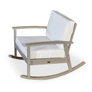 Driftwood Gray Finish Eucalyptus Wood Outdoor Rocking Chair with Cream Cushion for Garden, Patio, Poolside, Backyard