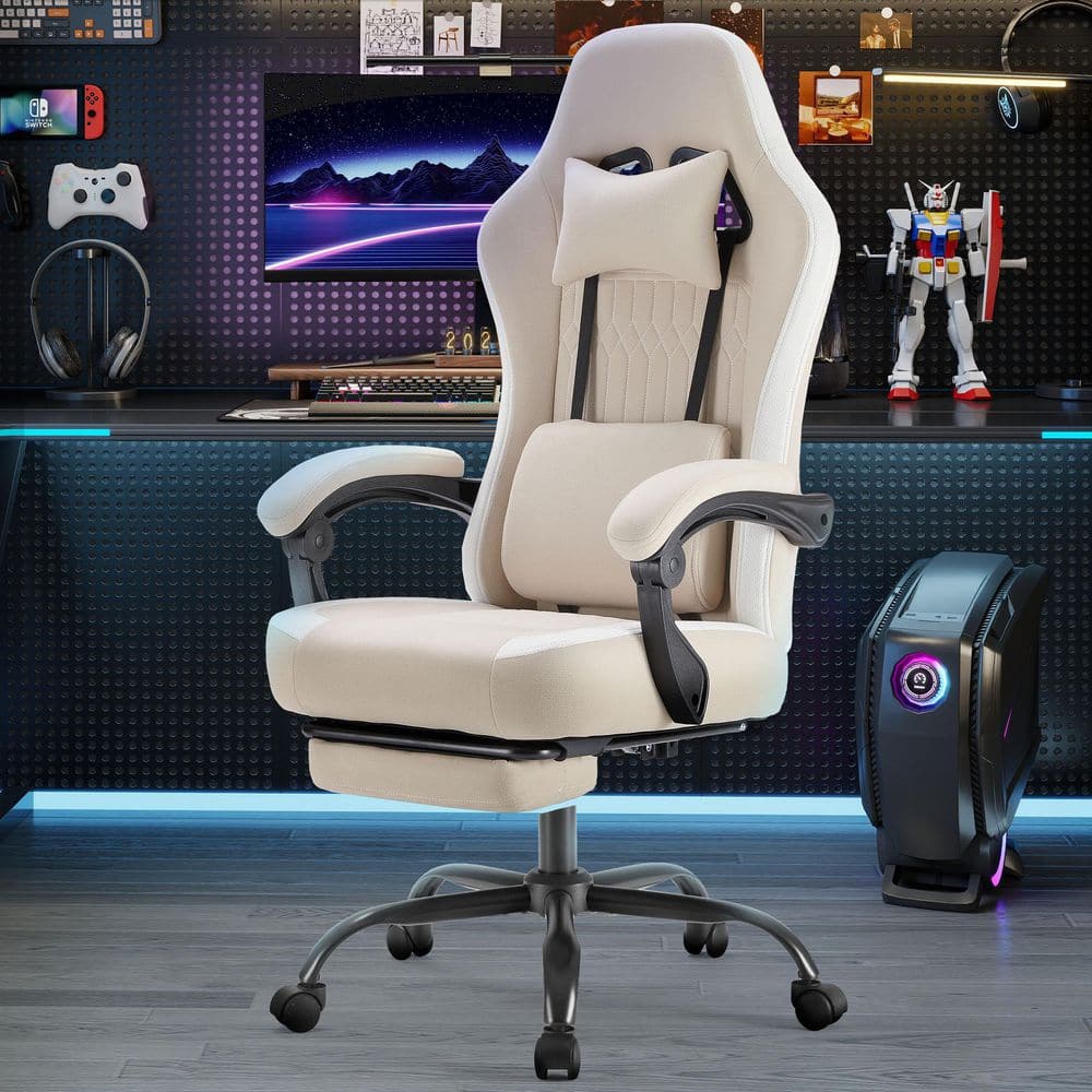 Fabric Reclining Ergonomic Gaming Chair in Khaki with Arms Adjustable Height and 360° Rotating Wheels