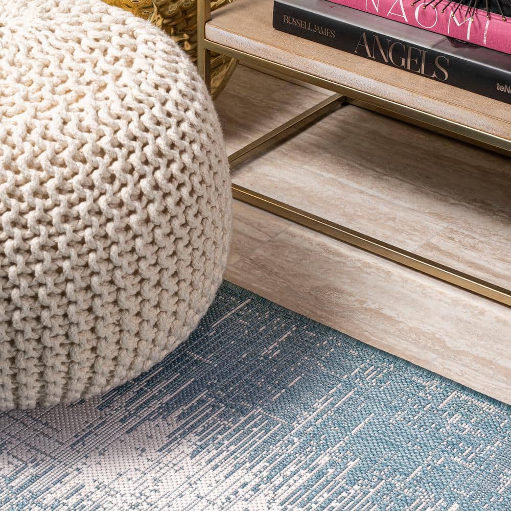 Aqua and Ivory Geometric Synthetic 3' x 5' Indoor/Outdoor Area Rug