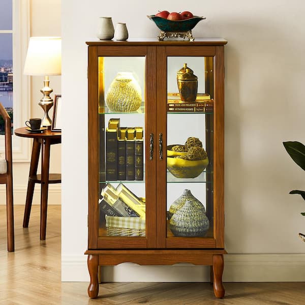Unbranded Curio Oak Cabinet Lighted Curio Diapaly Cabinet with Adjustable Shelves and Mirrored Back Panel Tempered Glass Doors