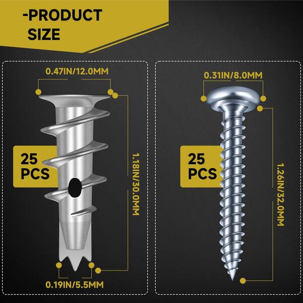 60PCS Self Drilling Drywall Anchors And #8 Screws, Wall For Heavy Duty Holds Upto 75lb No Pre Drill Hole Required Dry Screws Kit