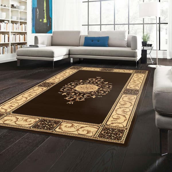 Elegant-Medallion Coffee 8 ft. x 10 ft. Rectangle Border Medallion Scroll Polypropylene Area Rug