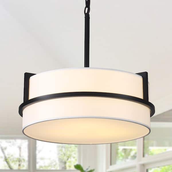 15. 74 in. 3-Light Matte Black Farmhouse Round Chandelier with White Fabric Drum Shape for Dining Room Bedroom Foyer