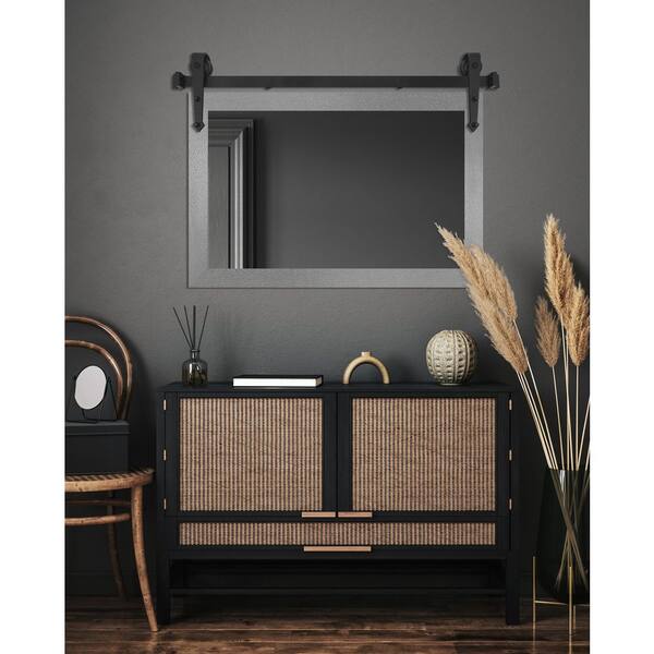 (54 in. W x 33 in. H) Dark Silver Modern Rustic Mirror with Steel Barn Door Rail