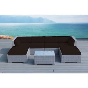 Gray 7-Piece Wicker Patio Seating Set with Sunbrella Bay Brown Cushions