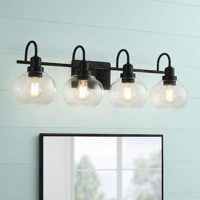 Halyn 31.375 in. 4-Light Matte Black Bathroom Vanity Light with Clear Glass Shades