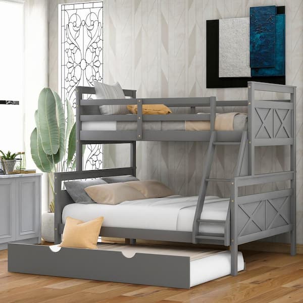 Harper & Bright Designs Gray Twin Over Full Bunk Bed with Ladder and Twin Size Trundle