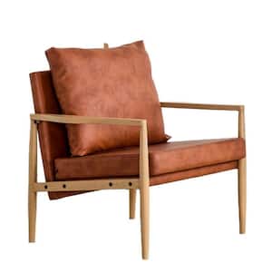 Light Brown PU and Wood Mid-Century Arm Chair with Extra-Thick Padded Backrest and Seat Cushion