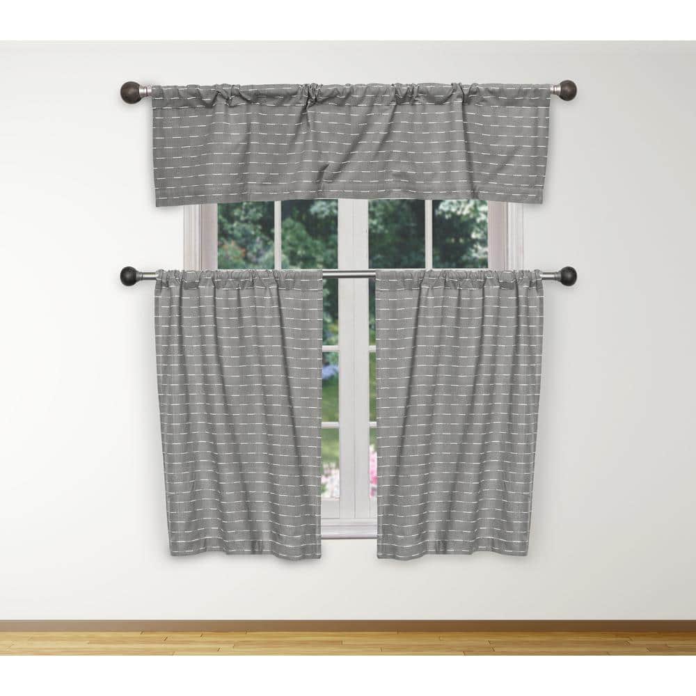 Tate Grey-White Cotton LightFiltering Rod Pocket Kitchen Curtain & Tier Se