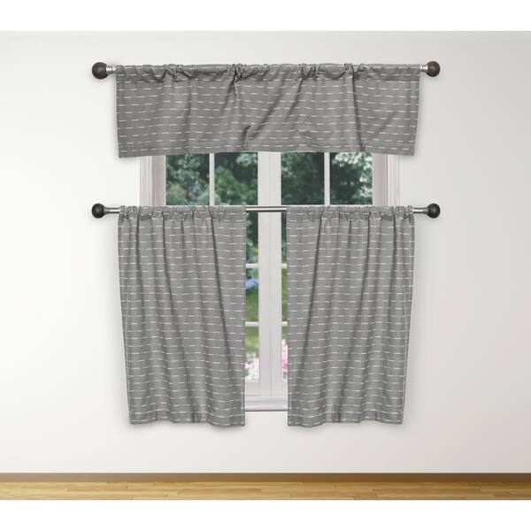 3 Piece Textured Cotton Blend Silver Taupe Jacquard Kitchen Window Curtain Set 