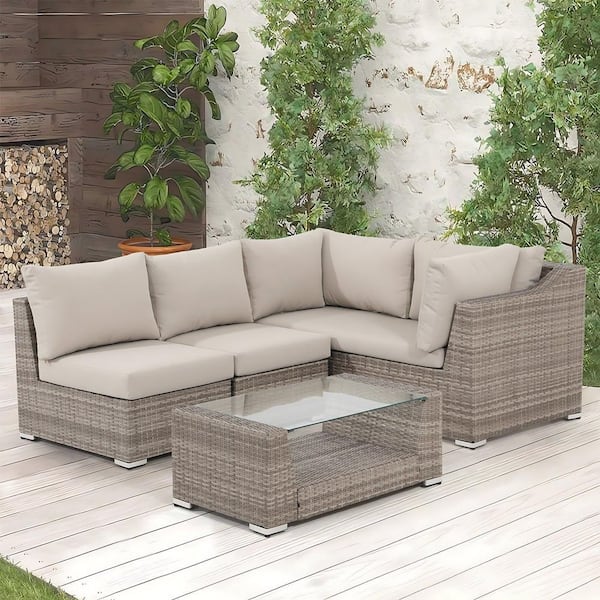JARDINA Elba Light Grey Rattan Outdoor Patio Conversation Set with Coffee Table