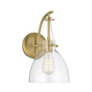 Foster 8 in. W x 14 in. H 1-Light Warm Brass Wall Sconce with Clear Seeded Glass Shade