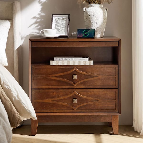 Gloria Walnut 3-Drawer 28 in. W Nightstand with Type-C and USB Ports