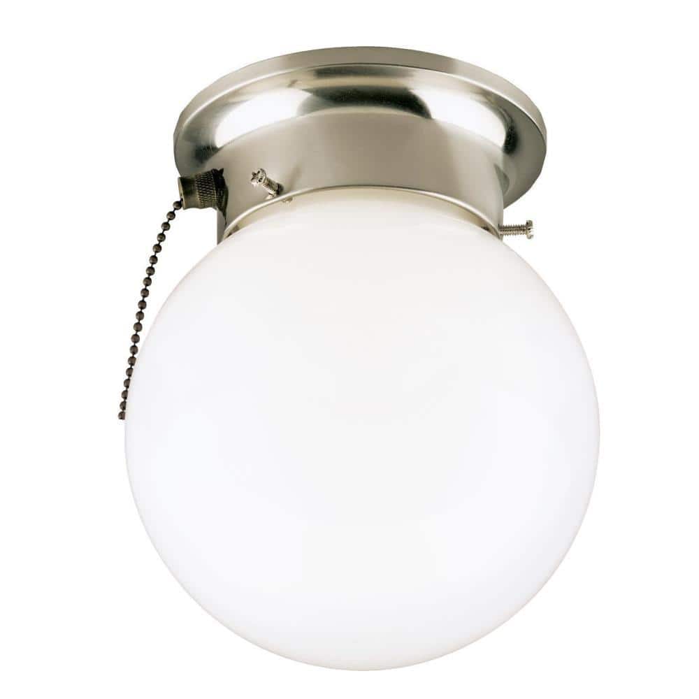 Westinghouse 1-Light Brushed Nickel Interior Ceiling Flush Mount with Pull Chain and White Glass Globe -  6720800