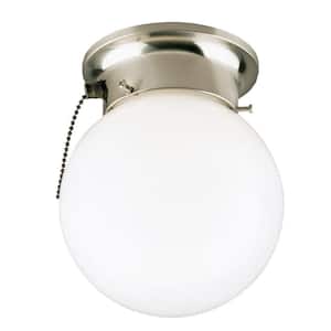 1-Light Brushed Nickel Interior Ceiling Flush Mount with Pull Chain and White Glass Globe