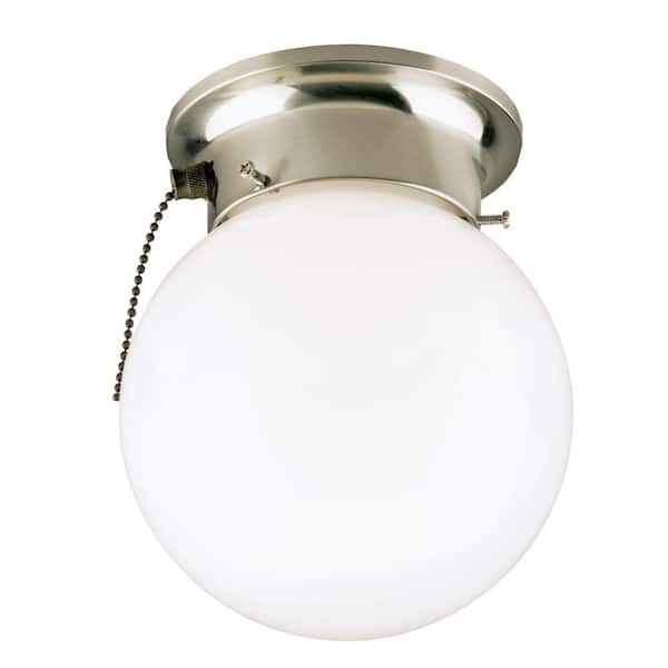 Westinghouse 1-Light Brushed Nickel Interior Ceiling Flush Mount with Pull Chain and White Glass Globe