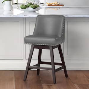 26 in. Dark Gray Solid Wood 360 Free Swivel Upholstered Counter Bar Stool with Back, Performance Faux Leather Bar Stool