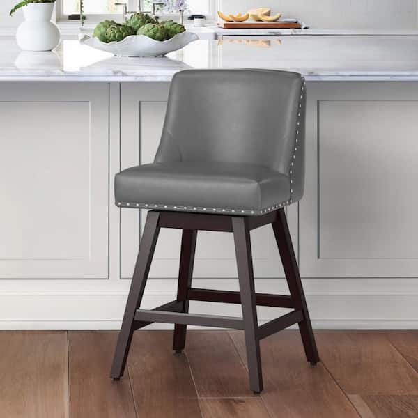 OrangeOne 26 in. Dark Gray Solid Wood 360 Free Swivel Upholstered Counter Bar Stool with Back, Performance Faux Leather Bar Stool
