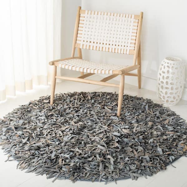 Leather Shag 5 ft. x 5 ft. Round Gray/Beige Solid Color Gradient Area Rug