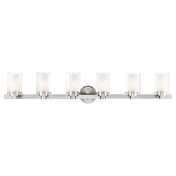 AVIANCE LIGHTING Baxter 47.5 in. 6-Light Brushed Nickel Vanity Light with Clear Outer Glass and Opal Inner Glass