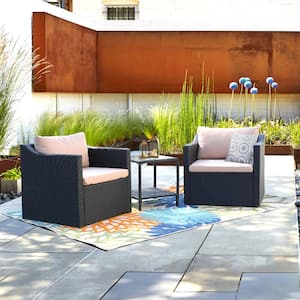 Black 3-Piece Patio Wicker Rattan Conversation Sofa Set with Beige Cushions and Table