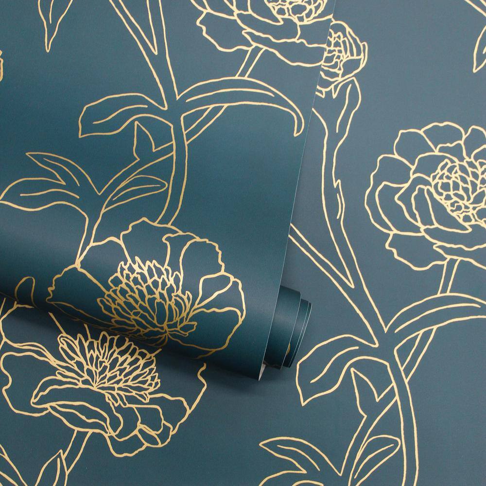 Peacock Blue and Gold Floral Peel and Stick Wallpaper