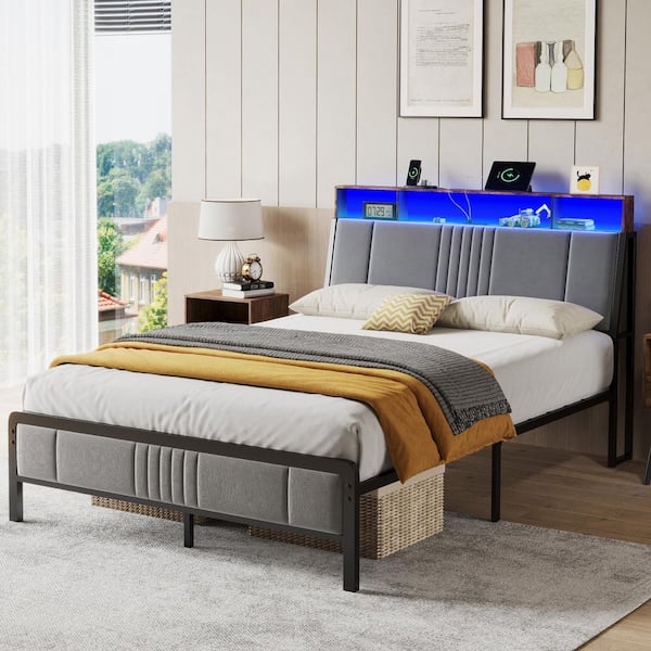 Susalt Gray Metal Frame Queen Platform Bed with LED Lights, Charging Station, No Box Spring Needed, Noise Free, Easy Assembly