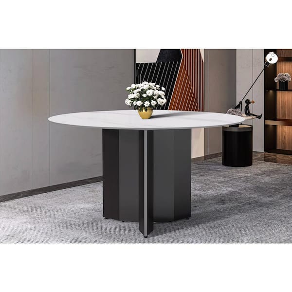 Zevro Mid-Century Modern White Sintered Stone Top 60 in. Pedestal Dining Table Seats 6