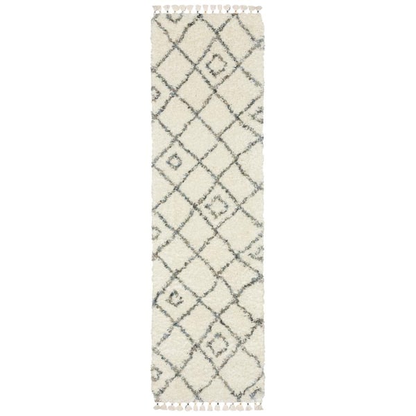 Avalon Ivory/Multi-Colored 2 ft. x 8 ft. Geometric Diamond Lattice Polypropylene Shag Tassel Indoor Runner Area Rug