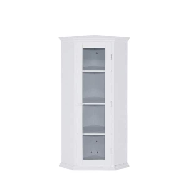 Zeus & Ruta 16.1 in. W x 16.1 in. D x 42.4 in. H White Corner Linen Cabinet with Glass Door and 3-Shelves