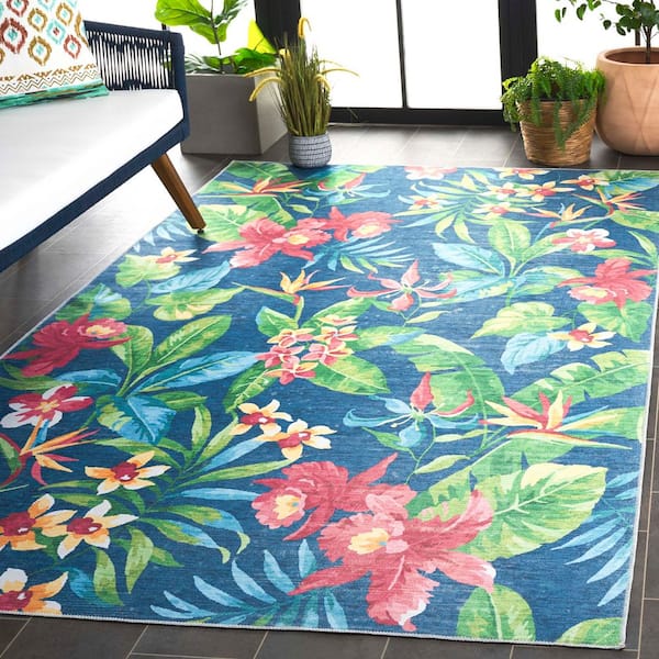 Malibu Dark Blue/Green 4 ft. x 6 ft. Machine Washable Botanical Leaf Area Rug