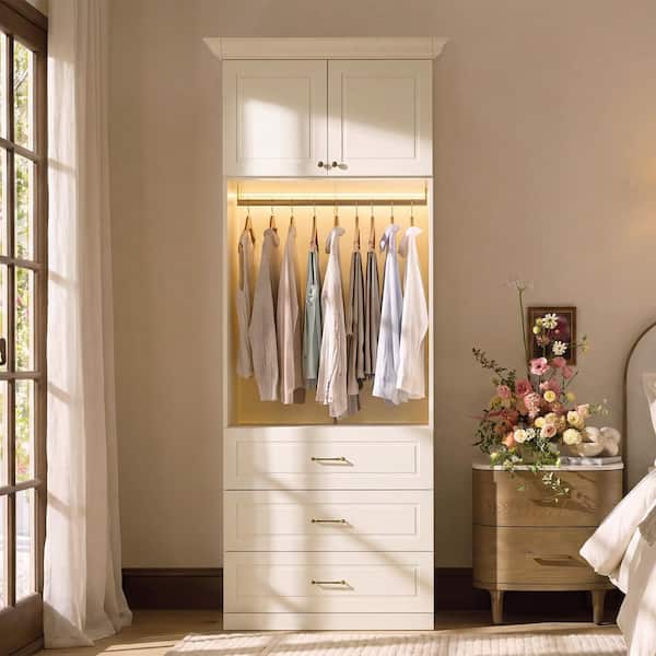 Cream Wood 35.5 in. Armoire with 2-Top Cabinets, Hanging Rod, LED Lighting and 3-Drawers