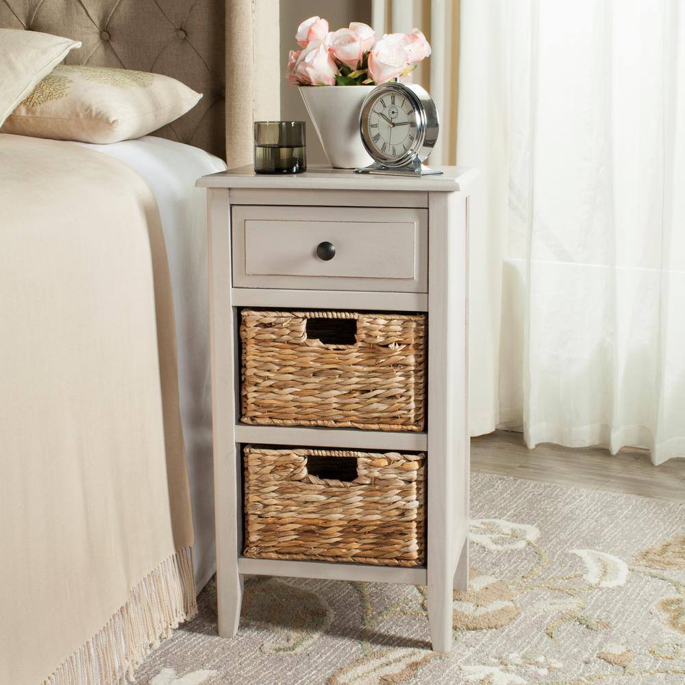 Everly Coastal Cottage Vintage Grey Pine Side Table with Baskets