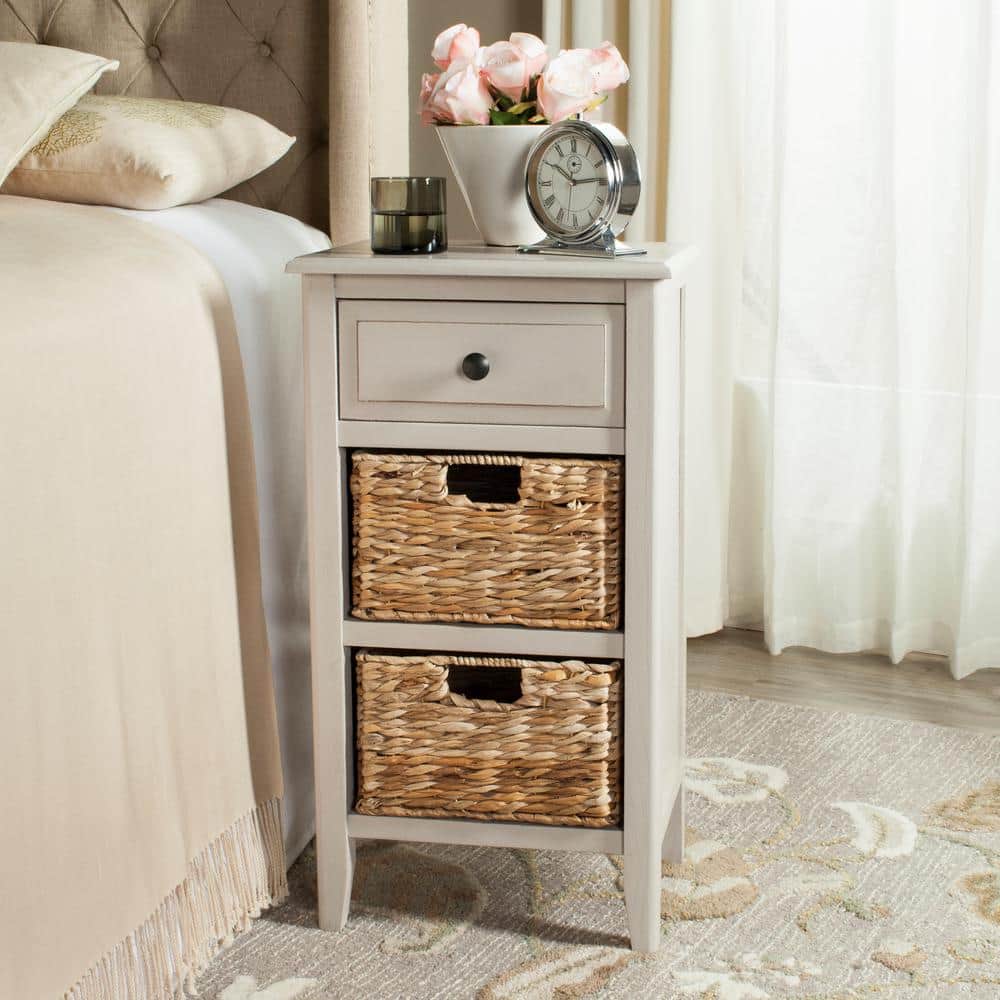 Everly Coastal Cottage Vintage Grey Pine Side Table with Baskets